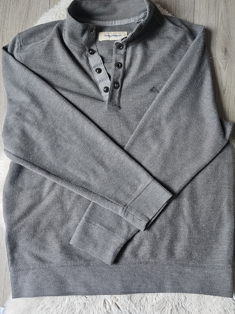 Tommy Bahama Textured Knit Henley – Grey Mock Neck Casual Chic Sweater 🩶 LARGE